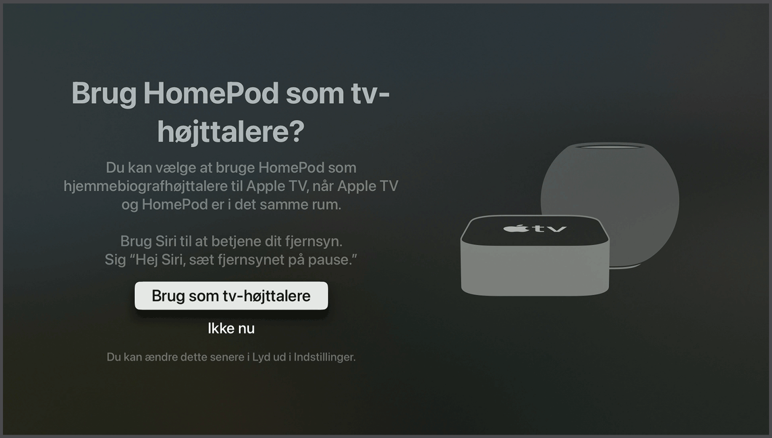 tvOS-skærm, hvor der spørges, om HomePod-højttalere skal bruges som Apple TV-højttalere