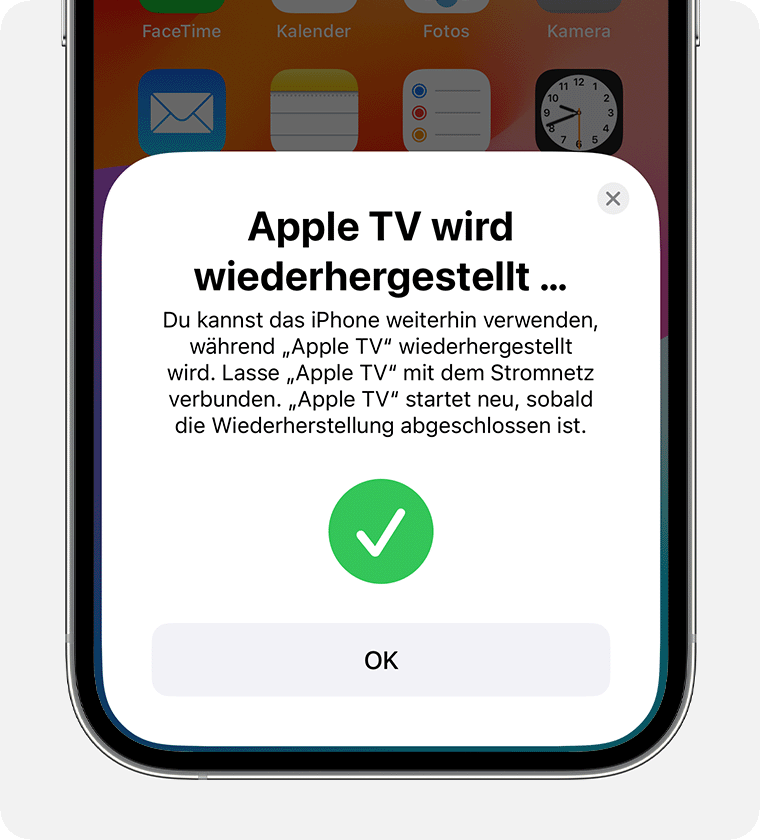 Benachrichtigung „Apple TV wird wiederhergestellt“ auf einem iPhone