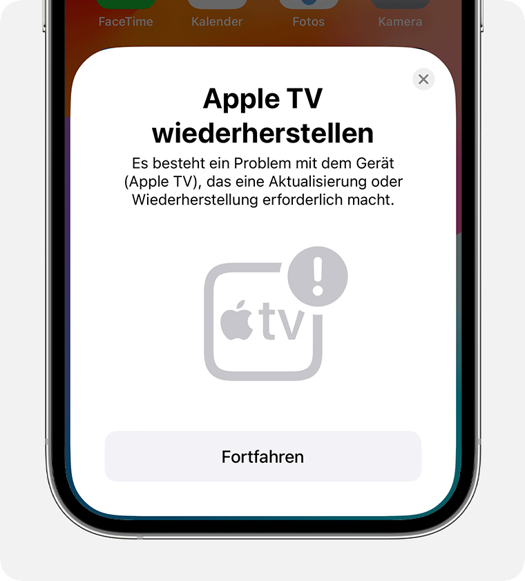 Die Mitteilung „Apple TV wiederherstellen“ auf einem iPhone