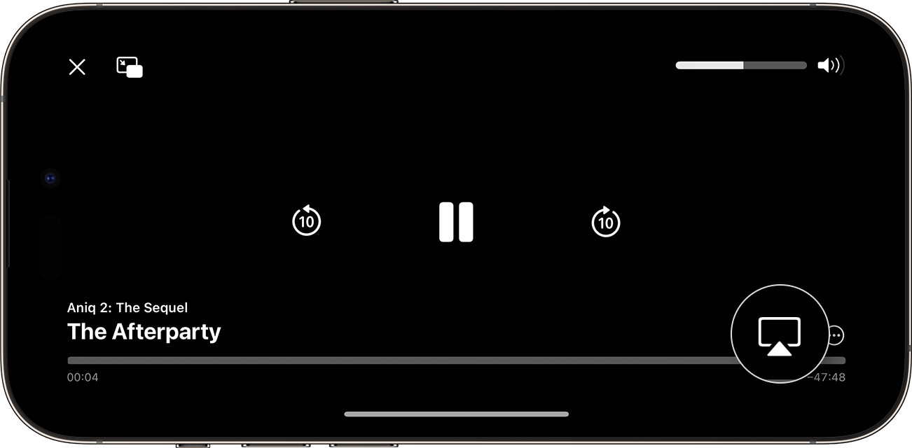 Die AirPlay-Taste wird während der Videowiedergabe in der unteren rechten Bildschirmecke auf dem iPhone hervorgehoben.