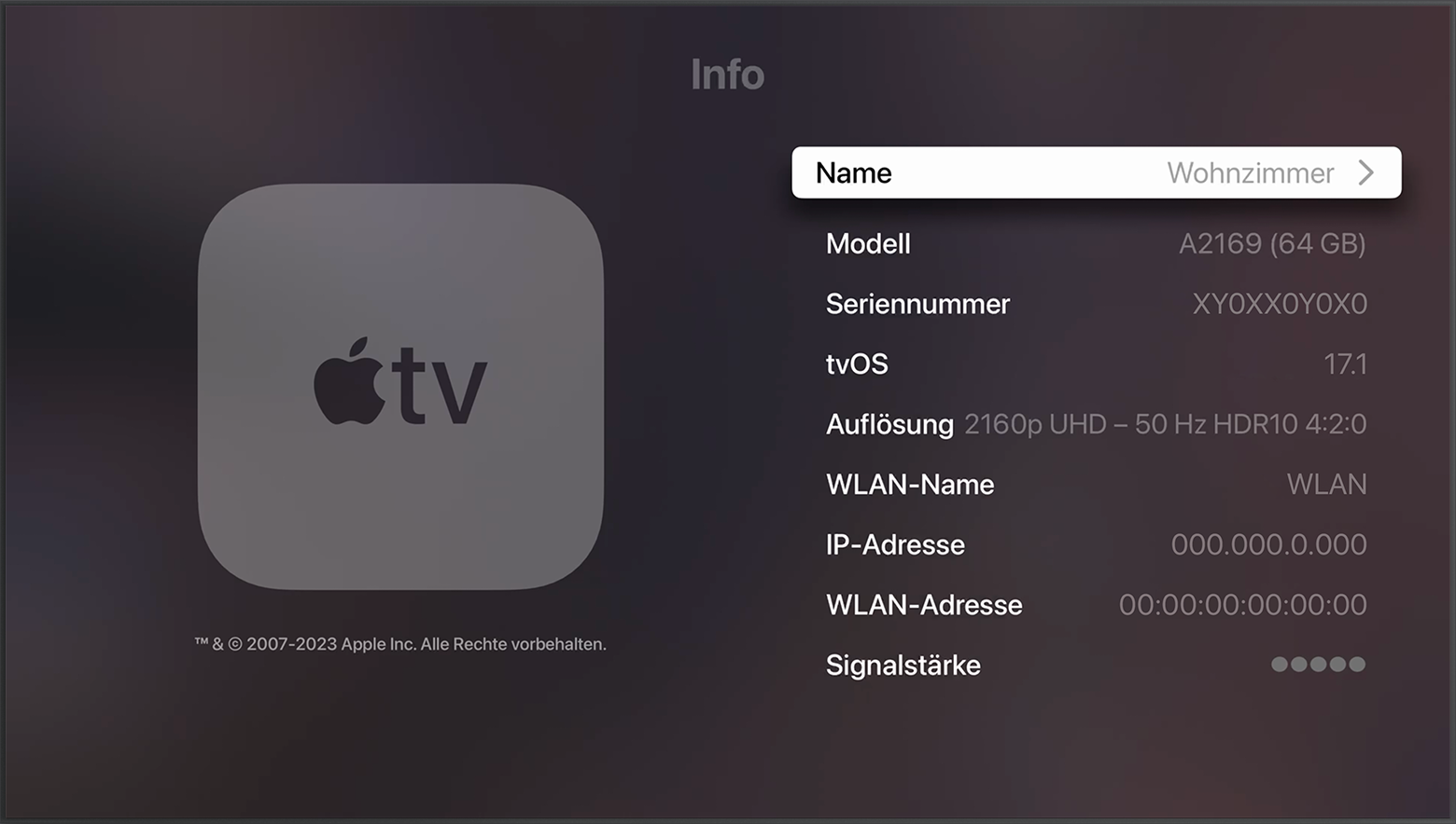 Die Seriennummer des Apple TV wird oben im Bildschirm „Info“ angezeigt.