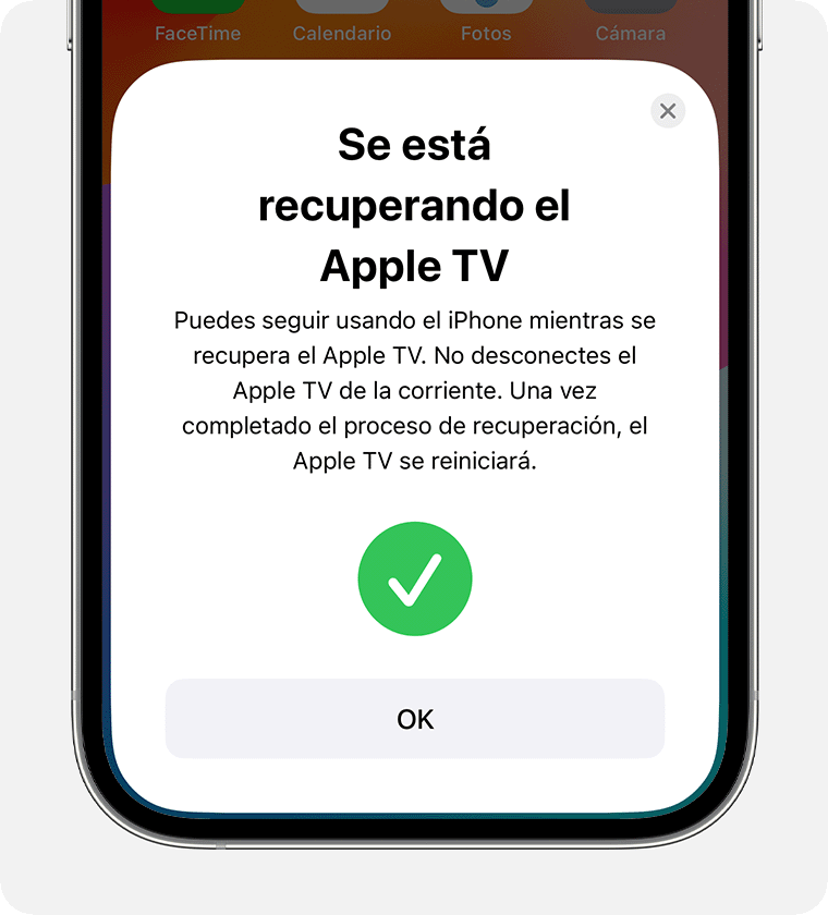 Notificación en el iPhone de que el Apple TV se está recuperando