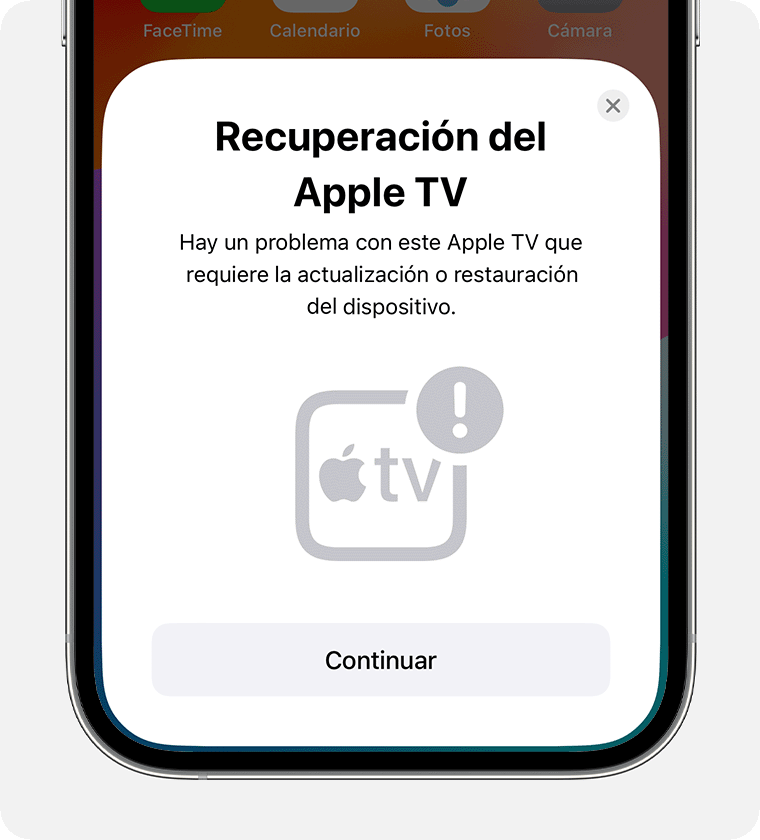 Notificación en el iPhone acerca de la recuperación del Apple TV