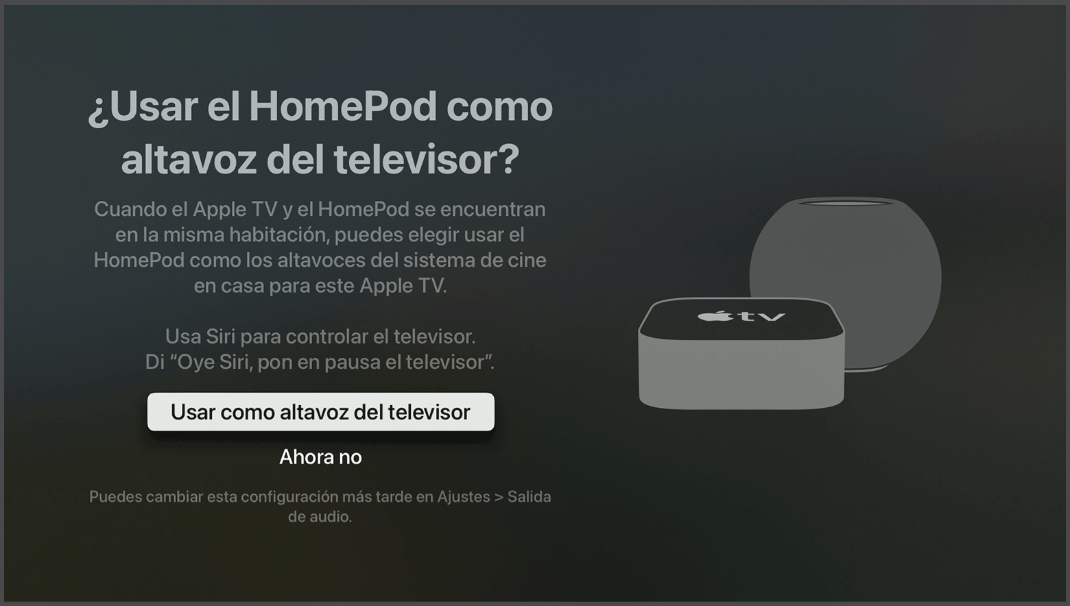 Captura de pantalla de tvOS que muestra el mensaje para usar el HomePod como altavoces del Apple TV