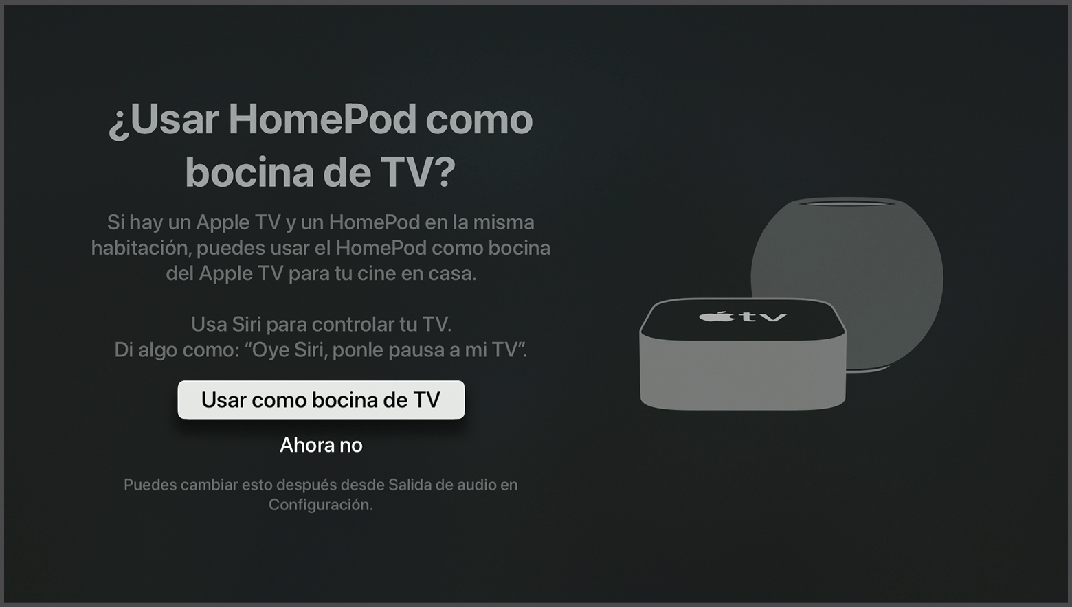 Captura de pantalla de tvOS en la que se muestra el mensaje para usar las bocinas HomePod como bocinas del Apple TV