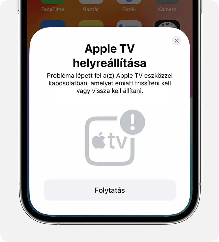 Az Apple TV helyreállításáról szóló értesítés iPhone-on