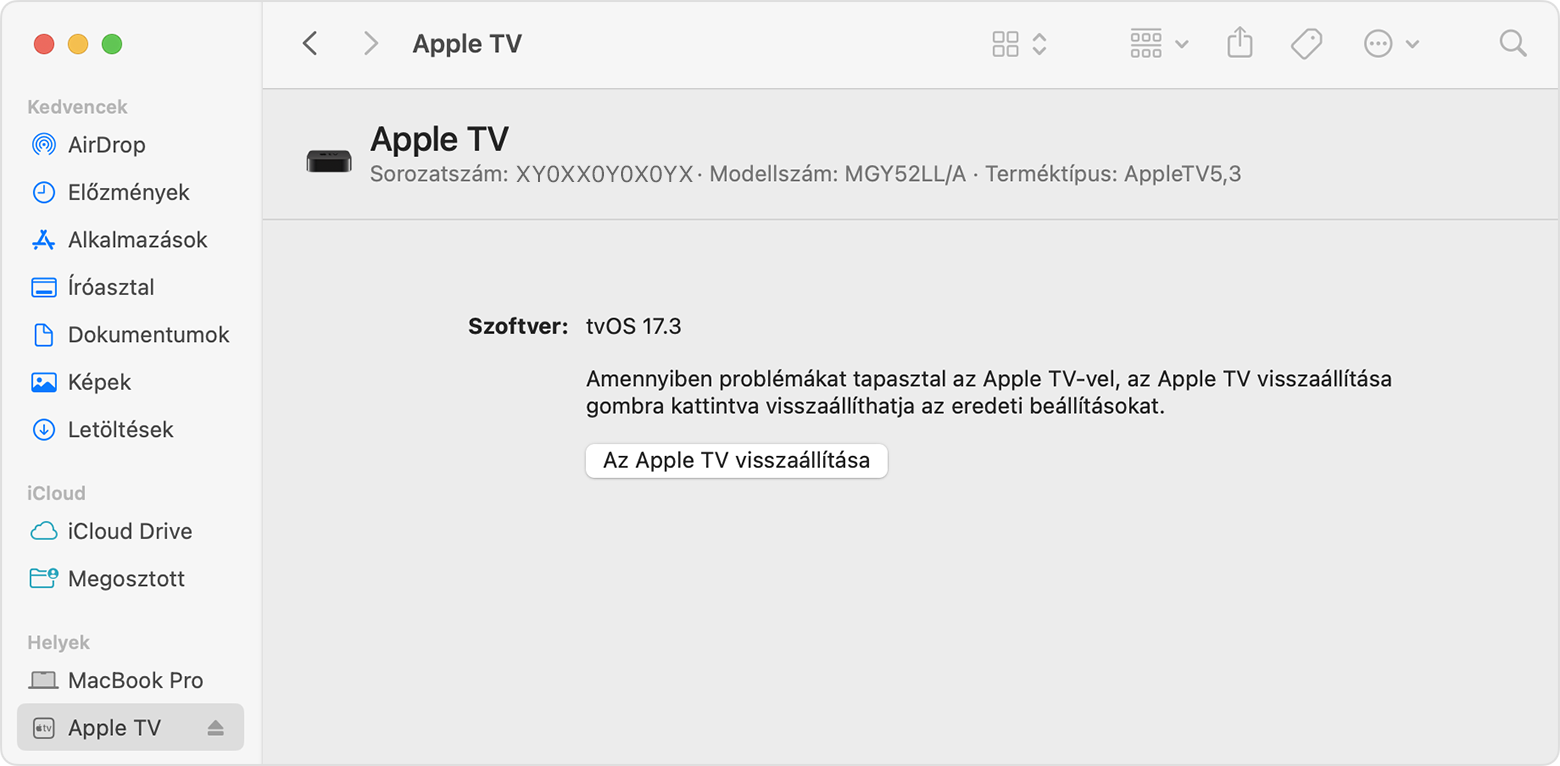 Az Apple TV helyreállítási ablaka, ha a készülék macOS rendszerű eszközhöz van csatlakoztatva