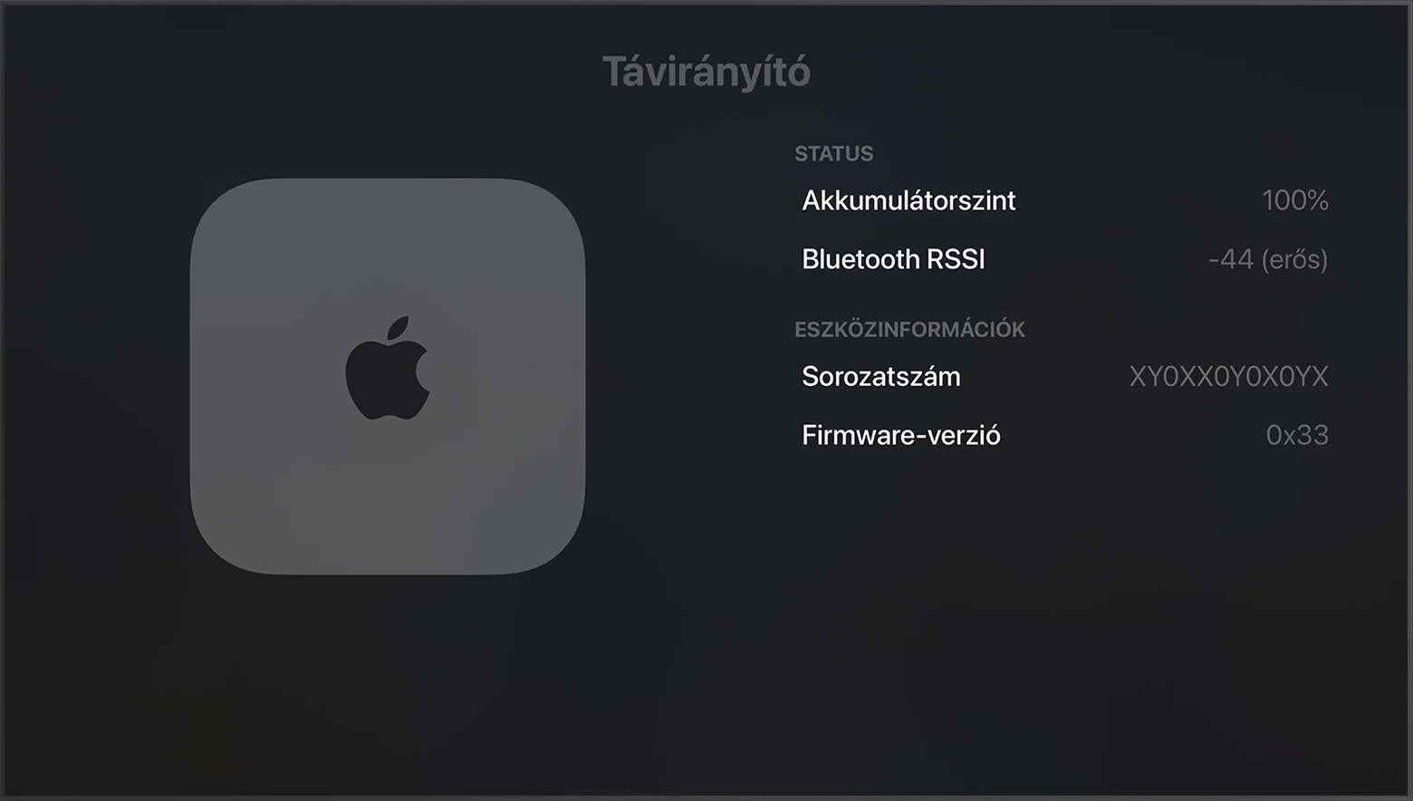 A Bluetooth RSSI a Apple TV Beállítások alkalmazásában a Bluetooth-jelerősséget mutatja