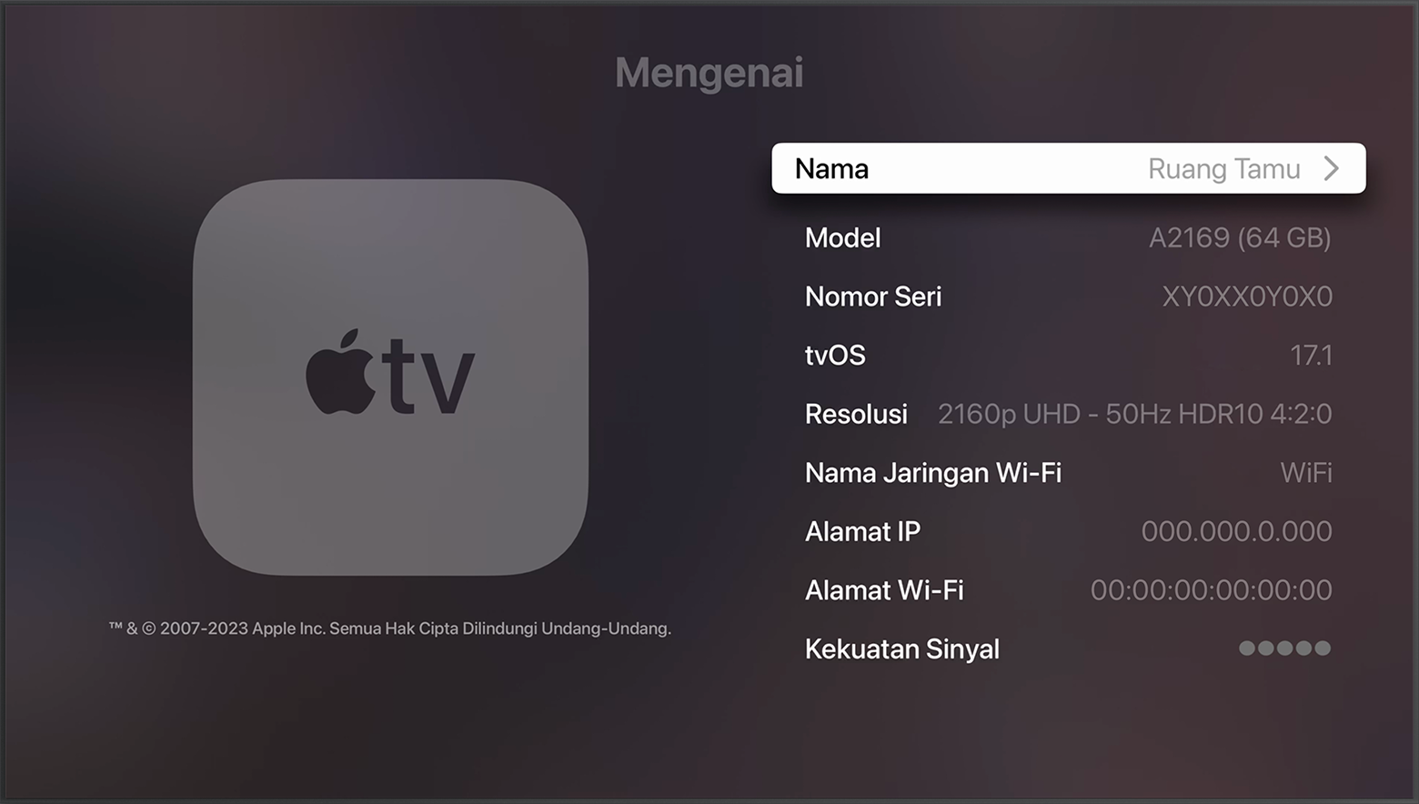 Nomor Seri muncul di dekat bagian atas layar Mengenai di Apple TV