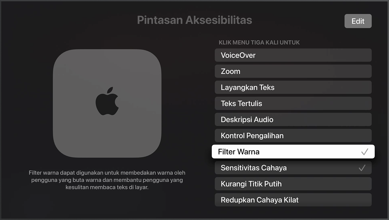 Filter Warna dipilih pada menu Pintasan Aksesibilitas