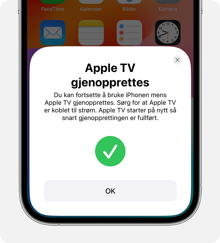 Varslingen Apple TV Is Recovering (Apple TV gjenopprettes) på iPhone