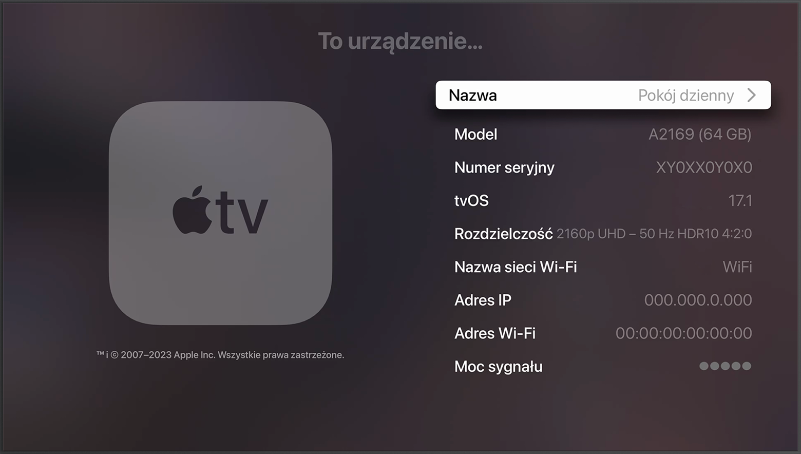 Numer seryjny będzie widoczny w górnej części ekranu Informacje na Apple TV