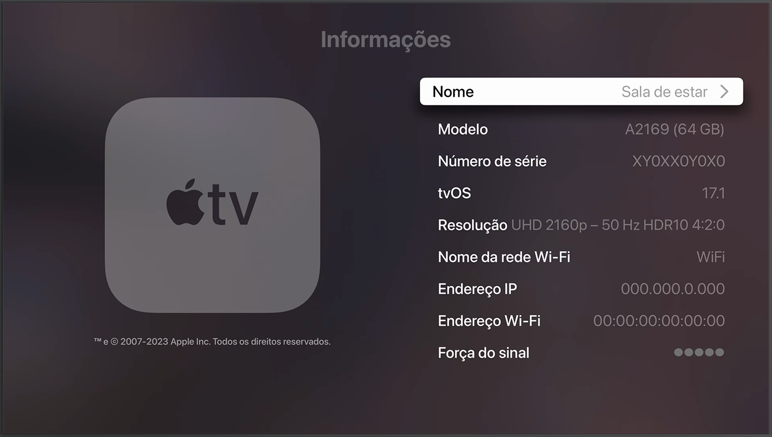 O Número de série é apresentado junto à parte superior do ecrã Informações na Apple TV