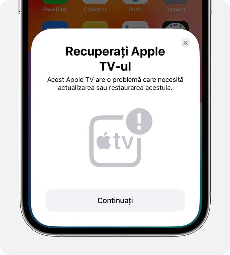 Notificarea Recuperați Apple TV pe iPhone