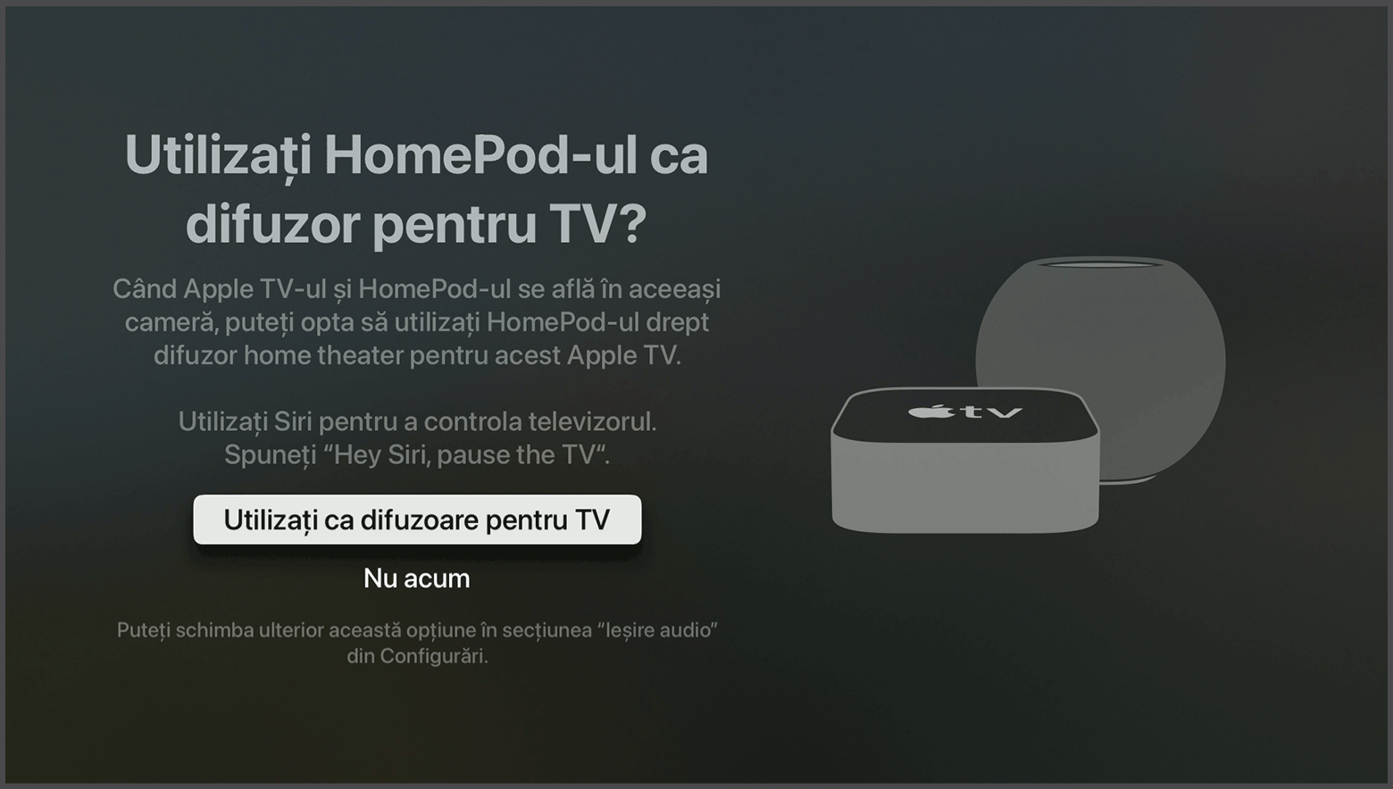 Captură de ecran tvOS care arată solicitarea Utilizați ca difuzoare pentru Apple TV