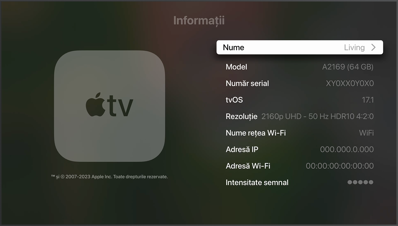 Numărul de serie apare în partea de sus a ecranului Informații pe Apple TV