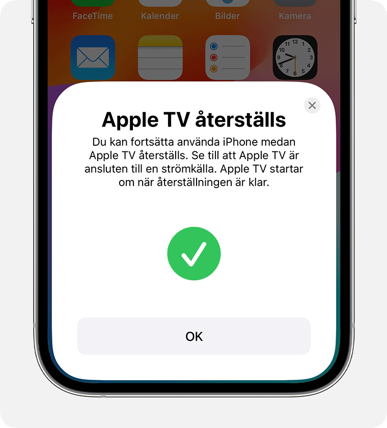 Avisering om att Apple TV återställs på iPhone