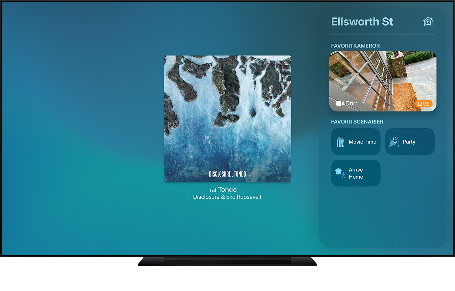 tvOS visar Kontrollcenter med en direktuppspelad videovy från dörren.