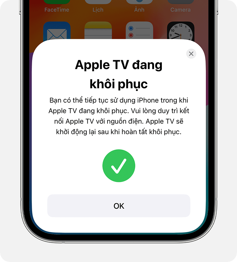 Thông báo Apple TV đang khôi phục trên iPhone