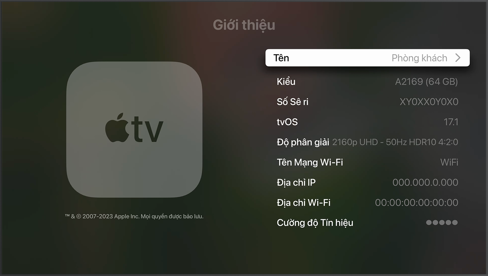 Số sê-ri nằm gần phần đầu màn hình Giới thiệu trên Apple TV