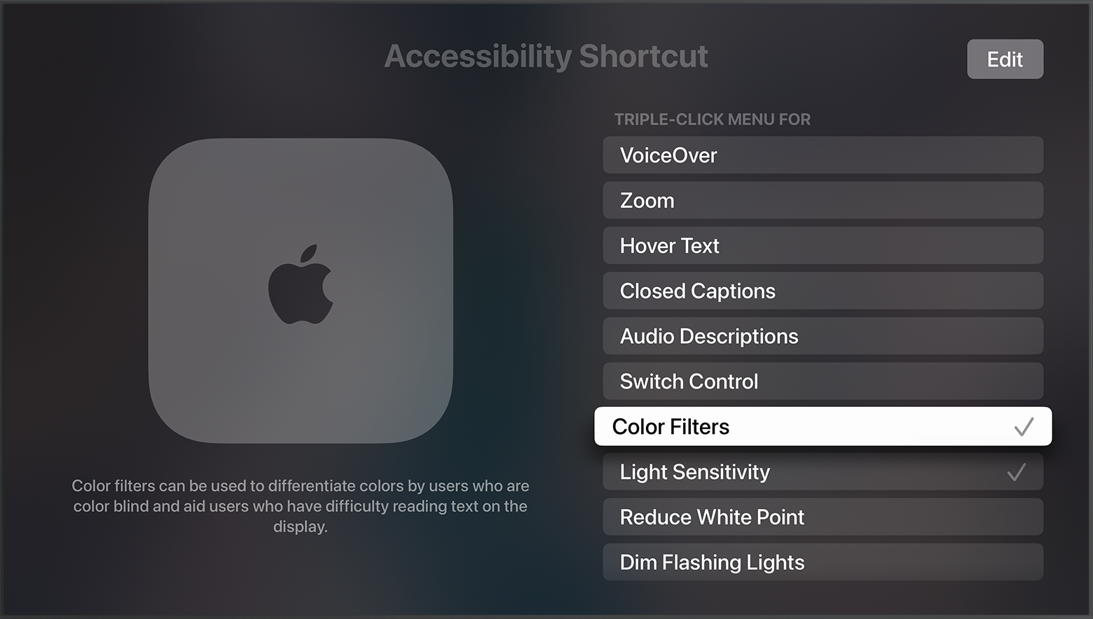 Color Filters appears selected on the Accessibility Shortcut menu