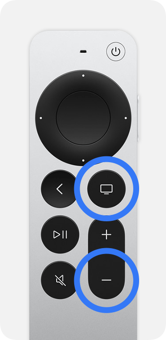Siri Remote avec les boutons TV/Centre de contrôle et de diminution du volume encerclés