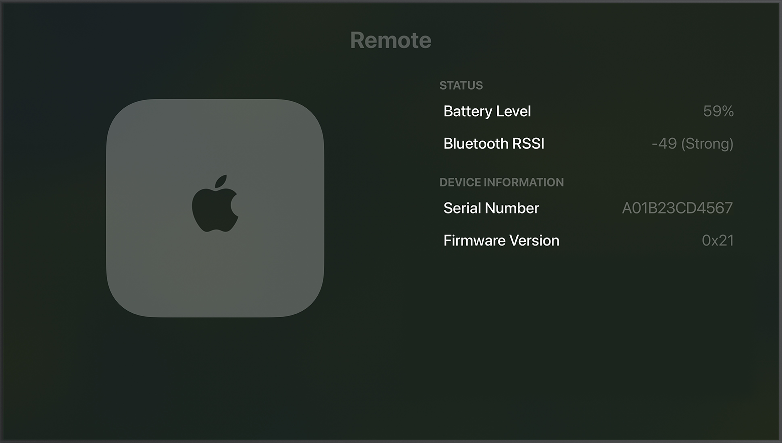 Bluetooth RSSI en la Configuración del Apple TV, donde se muestra la intensidad de la señal Bluetooth