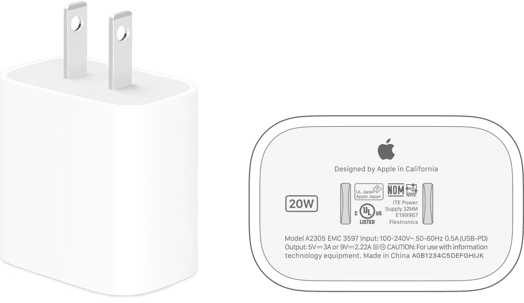 Štítok s údajmi o výkone na napájacom adaptéri Apple