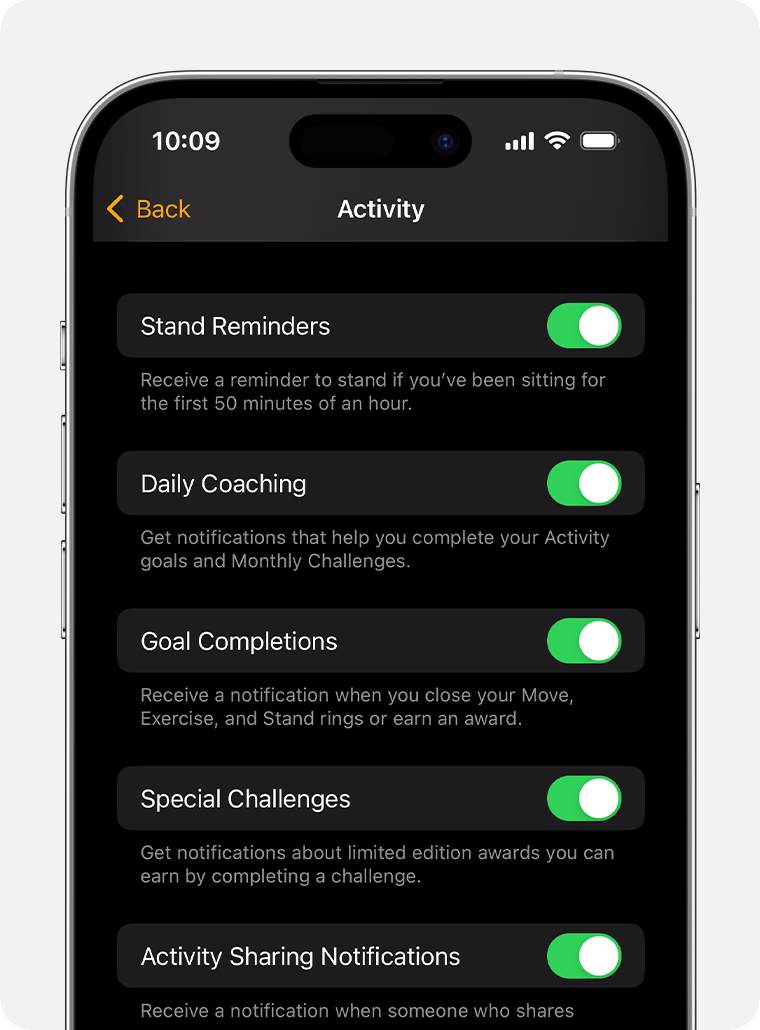 An iPhone screen showing the options for Activity notifications and reminders