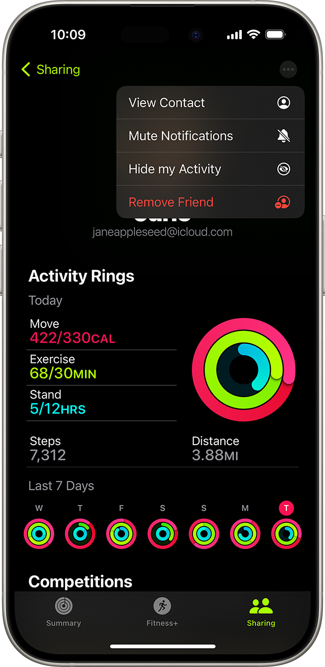 iPhone-Display mit dem Menü zum Entfernen eines Freundes aus der Aktivitätsfreigabe