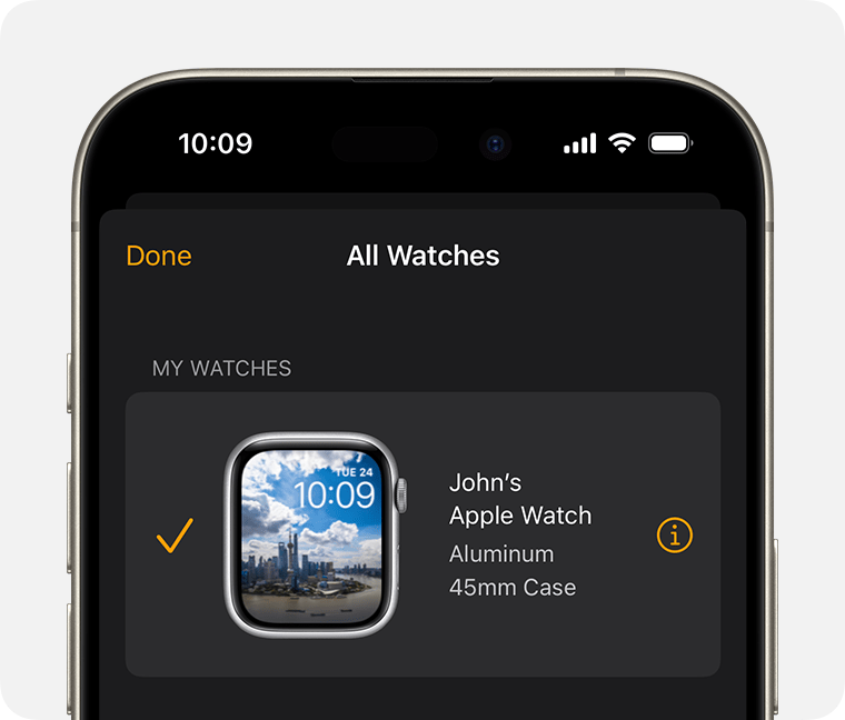 Het scherm 'Alle Apple Watches' waar je de knop 'Meer informatie' kunt vinden