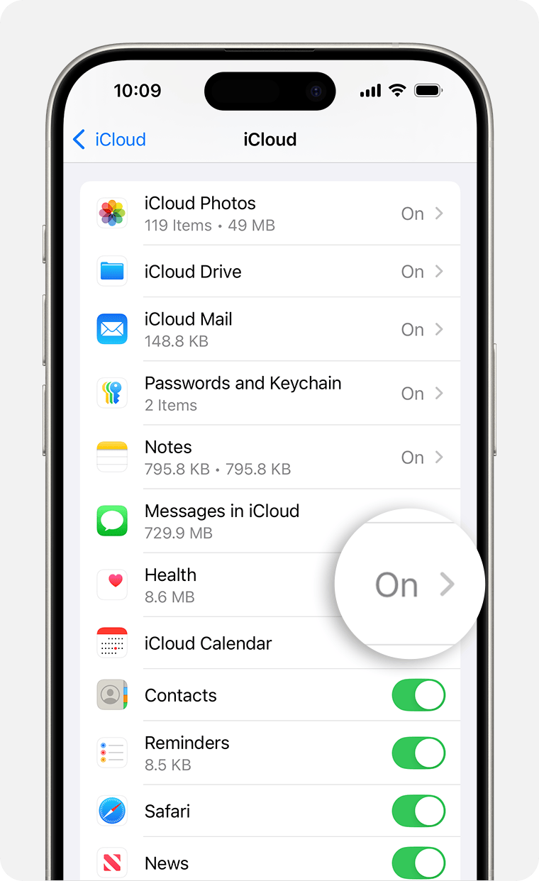 Pantalla de un iPhone en la que se muestra la configuración de iCloud