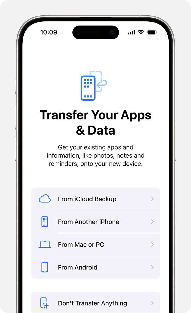 Pantalla de iPhone que muestra la opción de transferir apps y datos