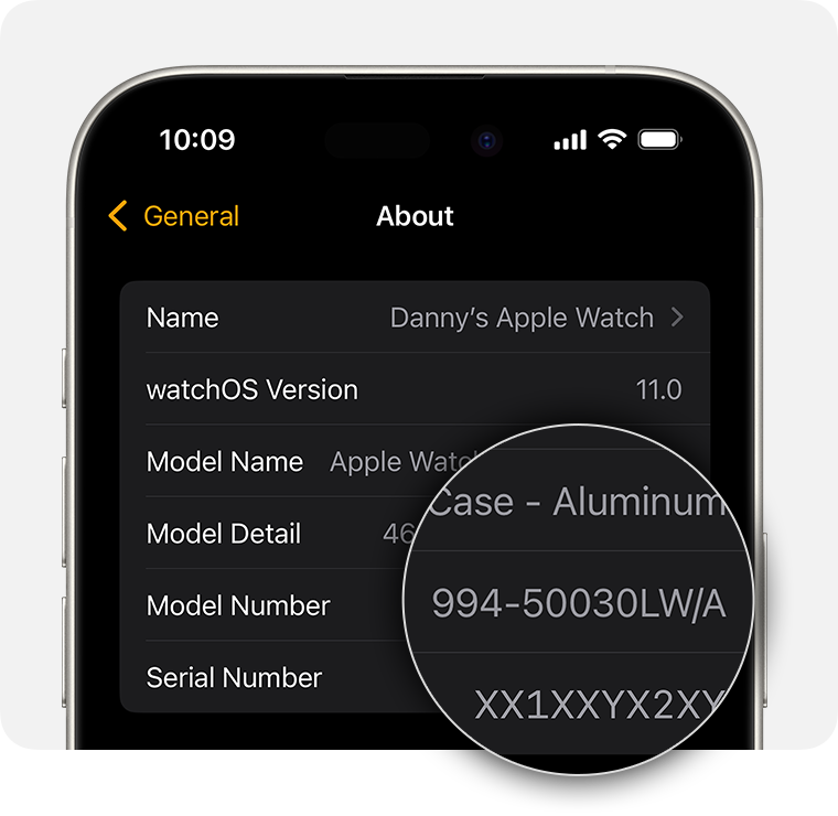 Pantalla de iPhone que muestra la configuración general del Apple Watch