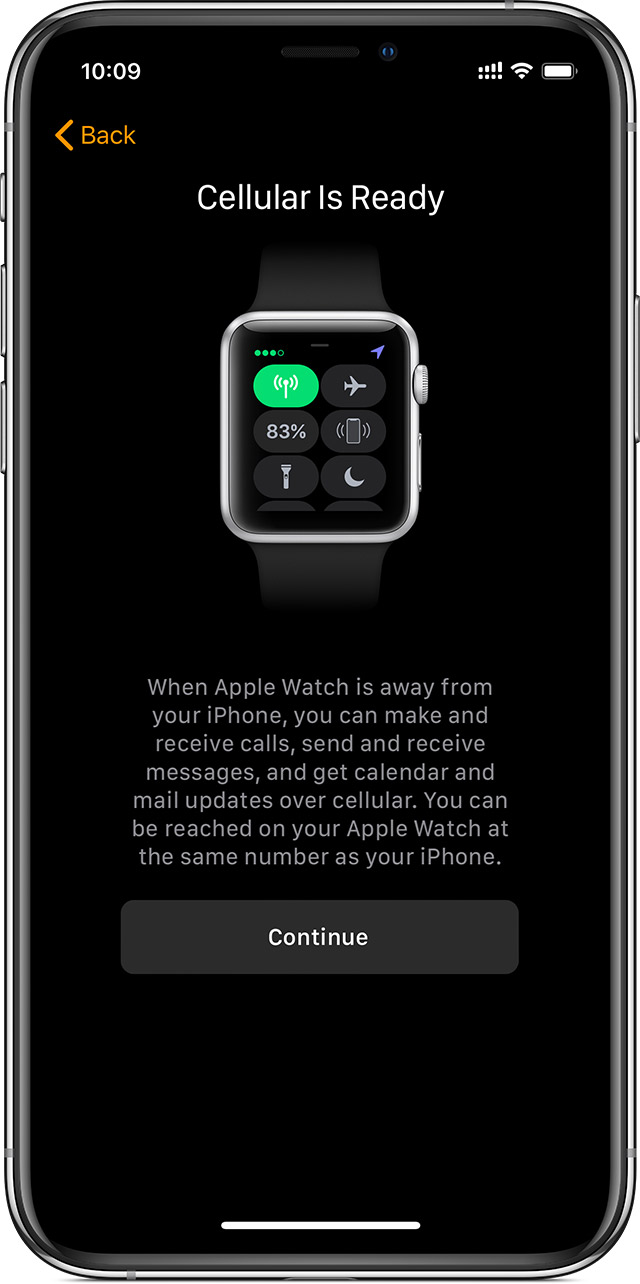 Cellular setup screen on iPhone showing that cellular is ready to use on your Apple Watch.
