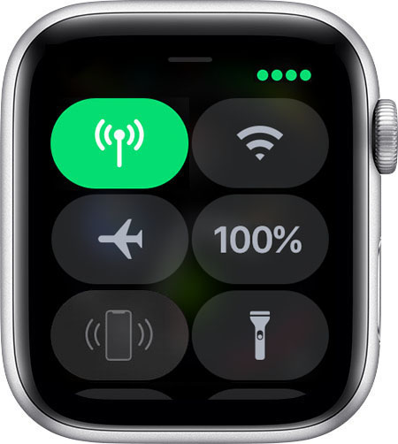 "مركز التحكم" على Apple Watch تعرض 4 نقاط خضراء.