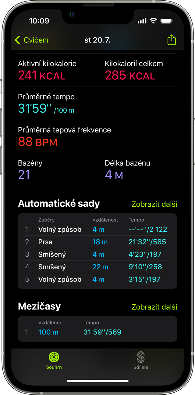 Údaje o plavání v iOS 16 na iPhonu 13