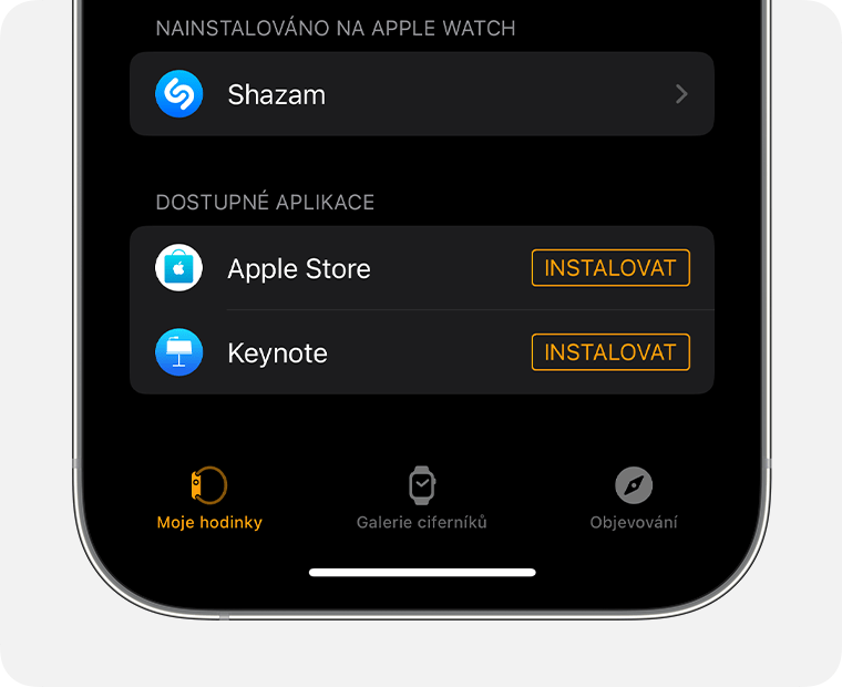 Obrazovka iPhonu s aplikací Watch 