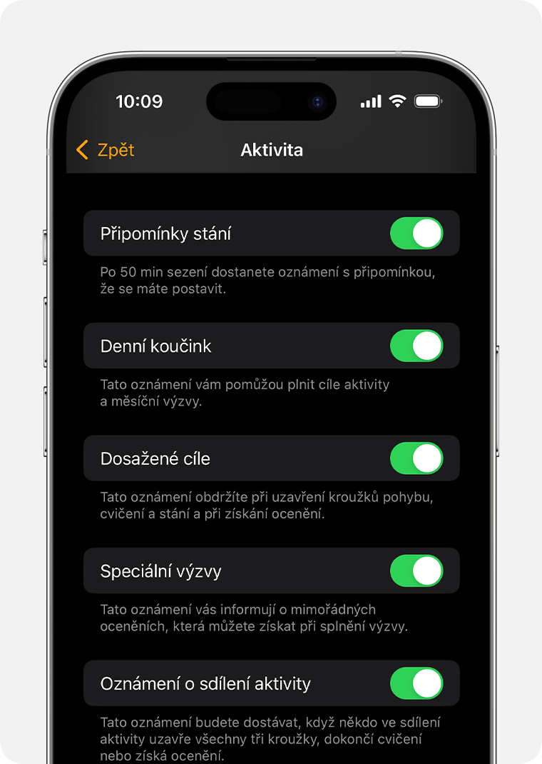Obrazovka iPhonu s možnostmi oznámení a připomenutí aktivity