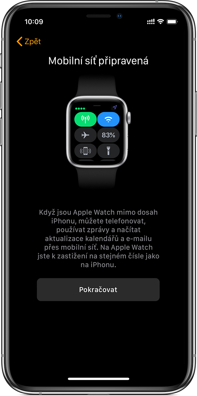 Obrazovka nastavení mobilní sítě na iPhonu ukazující, že mobilní síť je připravena k použití na Apple Watch.