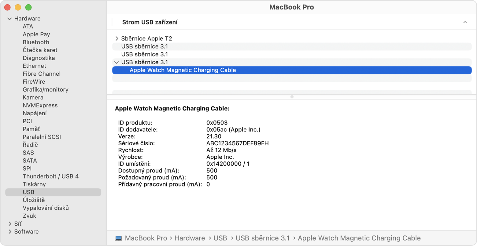Systémový profil MacBooku Pro zobrazující podrobnosti o výrobci magnetického nabíjecího kabelu k Apple Watch