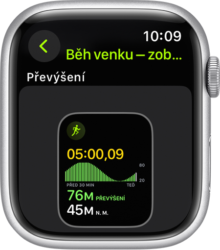 Apple Watch zobrazující ukazatel převýšení při běhu.