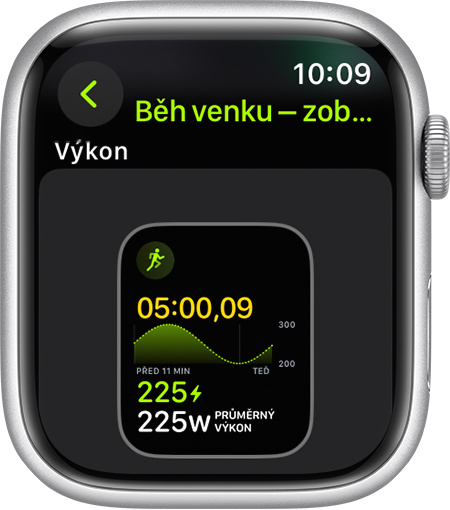 Apple Watch zobrazující ukazatel výkonu při běhu.