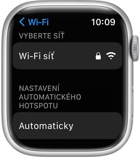 Obrazovka nastavení Wi-Fi u Apple Watch s možností Nastavení automatického hotspotu