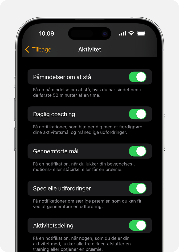 En iPhone-skærm, der viser indstillingerne for notifikationer og påmindelser om aktiviteter