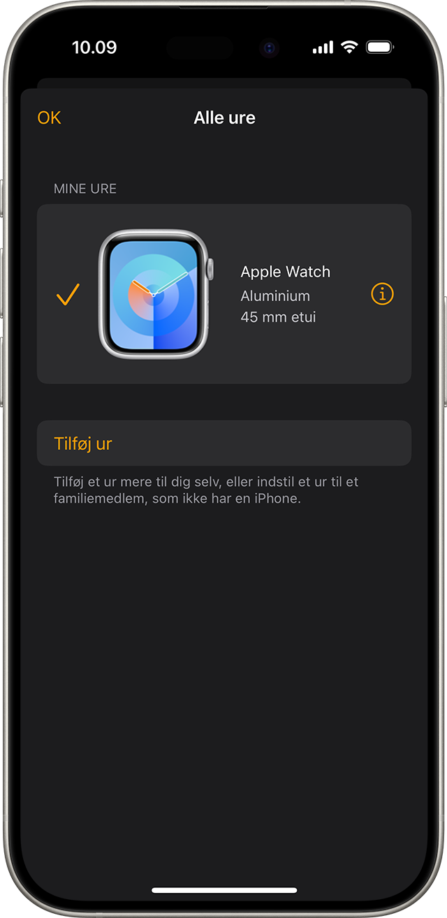 iPhone-skærm, der viser Alle ure i appen Apple Watch