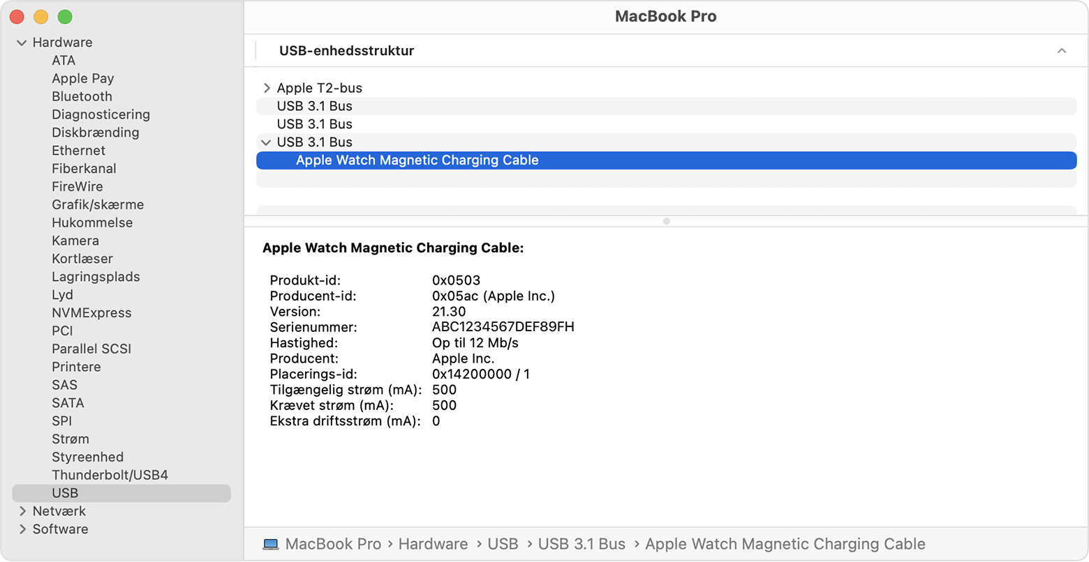 MacBook Pro-systemrapport, der viser producentens detaljer om magnetisk opladerkabel til Apple Watch