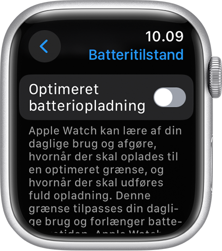 Optimeret batteriopladning i appen Indstillinger på Apple Watch.