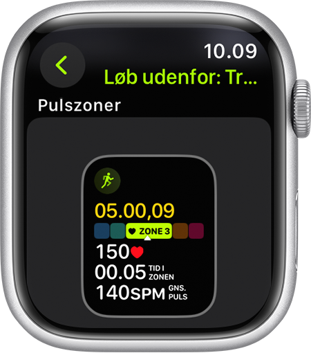 Et Apple Watch, der viser pulszonemålingen under en løbetur.