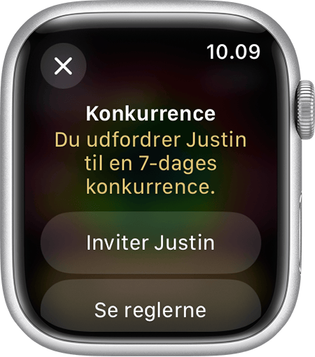 Apple Watch-skærm, der viser, hvordan du sender en invitation til at starte en konkurrence